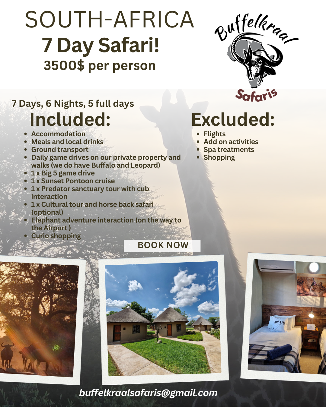 Buffelkraal Safaris 7 day Safari package!